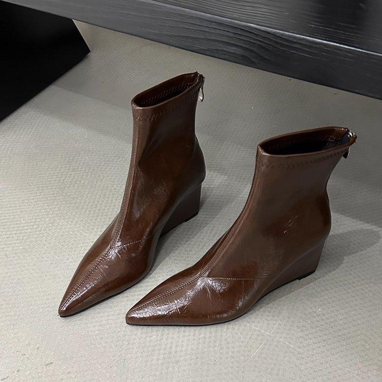 Premium Maillard Brown Pointed Wedge Heel Short Boots Women's High Heel Back Zipper Skinny Boots Autumn and Winter Short Boots