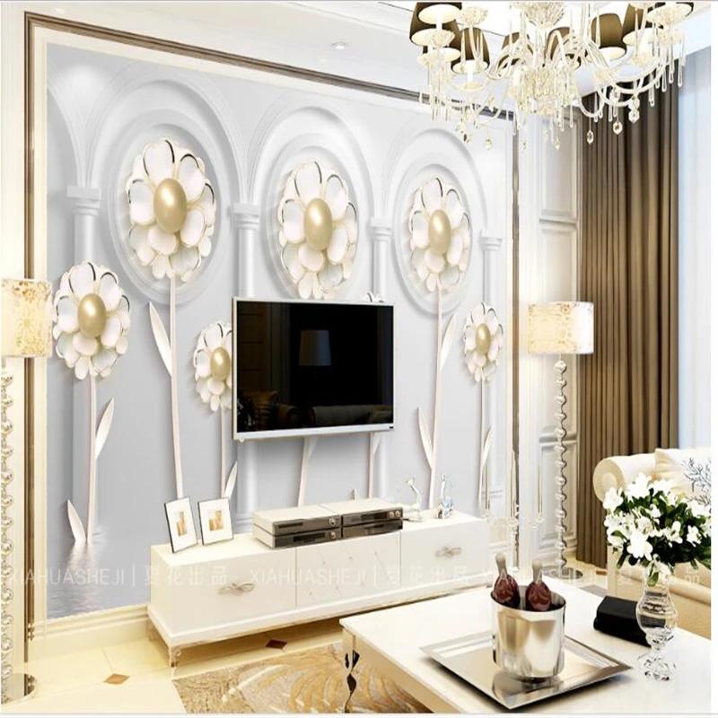 White Jewelry Floral Wallpaper European Roman Column Mural Simple Pearl Jewelry Flower 3d Wallpaper