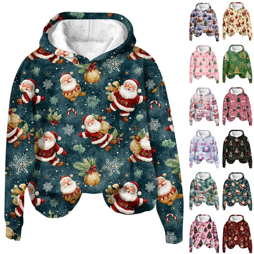 Women's Fashion Long Sleeve Christmas Print Loose Hooded Sweatshirt Top