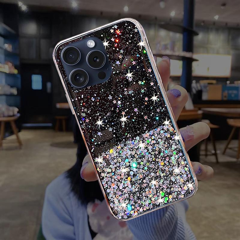 

Мягкий силиконовый чехол с блестками и кристаллами для iPhone 15 14 13 12 11 Pro Max X XR XS Max 7 8 15 Plus, прозрачная задняя крышка из ТПУ для телефона For iPhone 15 чёрный