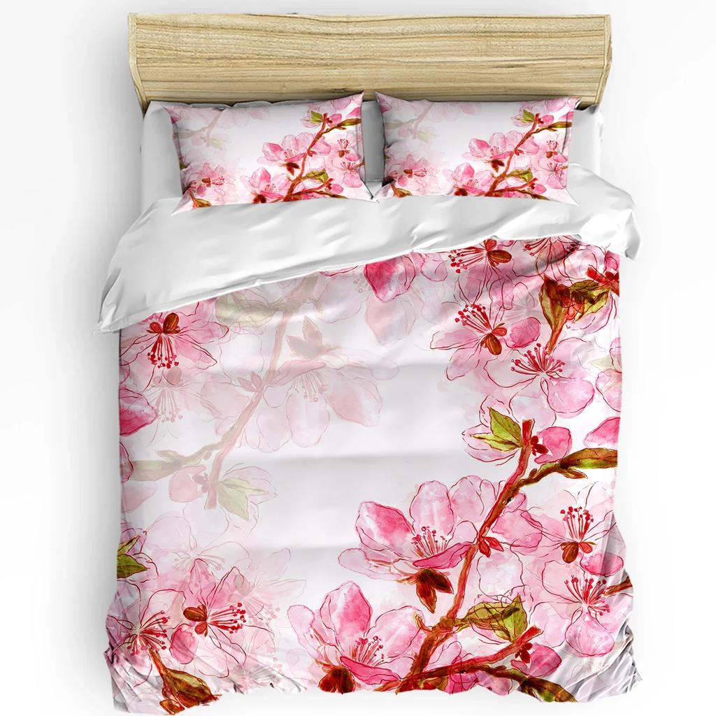 Watercolor Sakura Pink Flower Duvet Cover Bed Bedding Set Home Textile Quilt Cover Pillowcases Bedroom Bedding Set No Sheet