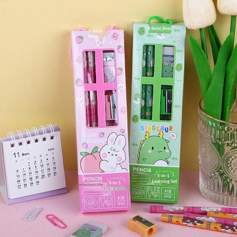 5 In 1 Pencil Set Portable Stationery Prize Cute Cartoon Stationery Gift Box Set School Supplies Writing Tool Stationery Set