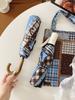 Maillard Blue-Brown Plaid Hook Umbrella for Women, Dual-Use for Sun and Rain, Student Foldable Portable Sun Umbrella, Sun Protection Parasol