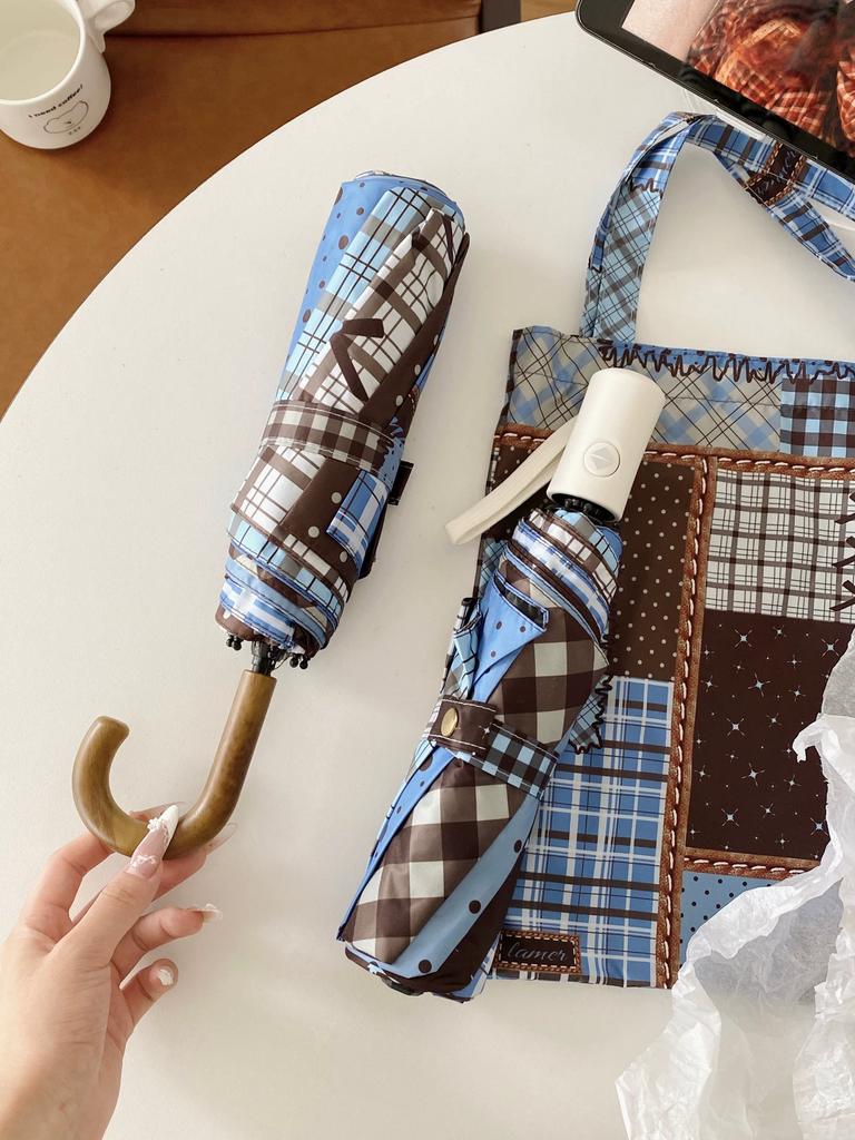 Maillard Blue-Brown Plaid Hook Umbrella for Women, Dual-Use for Sun and Rain, Student Foldable Portable Sun Umbrella, Sun Protection Parasol