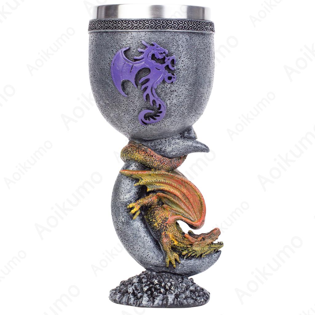 Creative Medieval Dragon Resin Goblet Cup Collection with Stainless Steel Insert Hand Painted Design Wine Goblet for Friend Gift