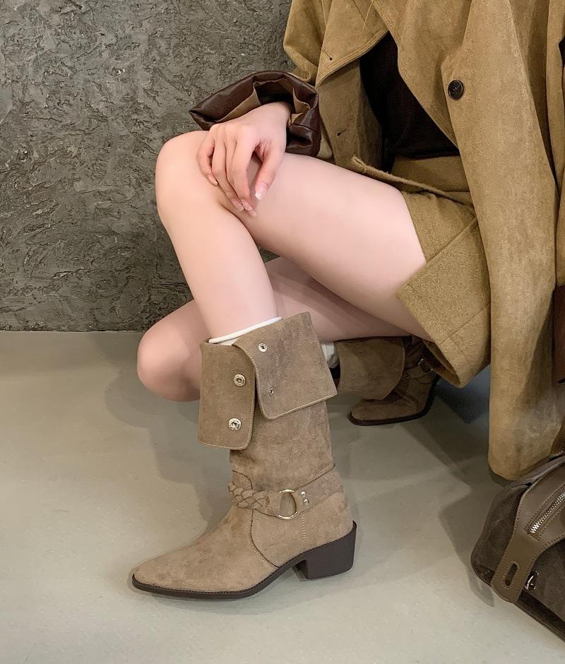 Retro Style Two Wear Folded Thick-soled Boots Women's 2025 New Autumn Fashion Thick Heel and Thin Fashion Boots