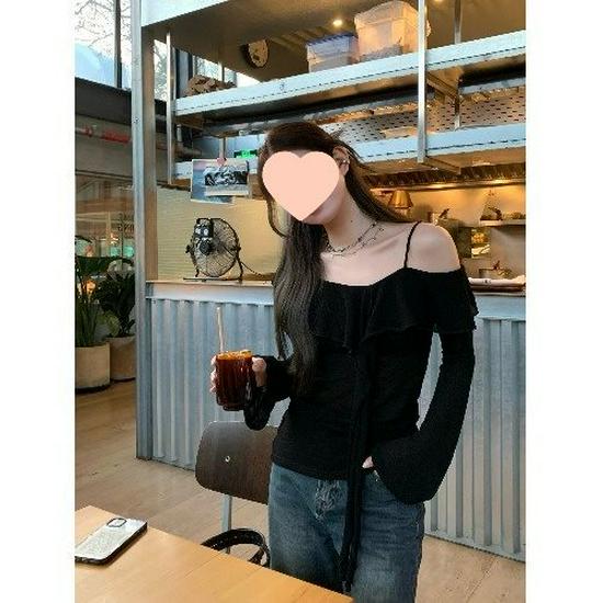 

Women s Black Off-Shoulder Knit Long Sleeve Top - Early Autumn Thin Sunscreen Camisole L чёрный