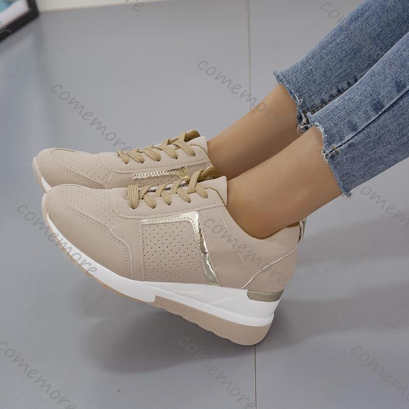Fashion Comemore Large Size Sports Casual Shoes Thick Bottom Wedges Heel Sneakers Solid Lace Up Breathable Tennis Women's Single Shoes