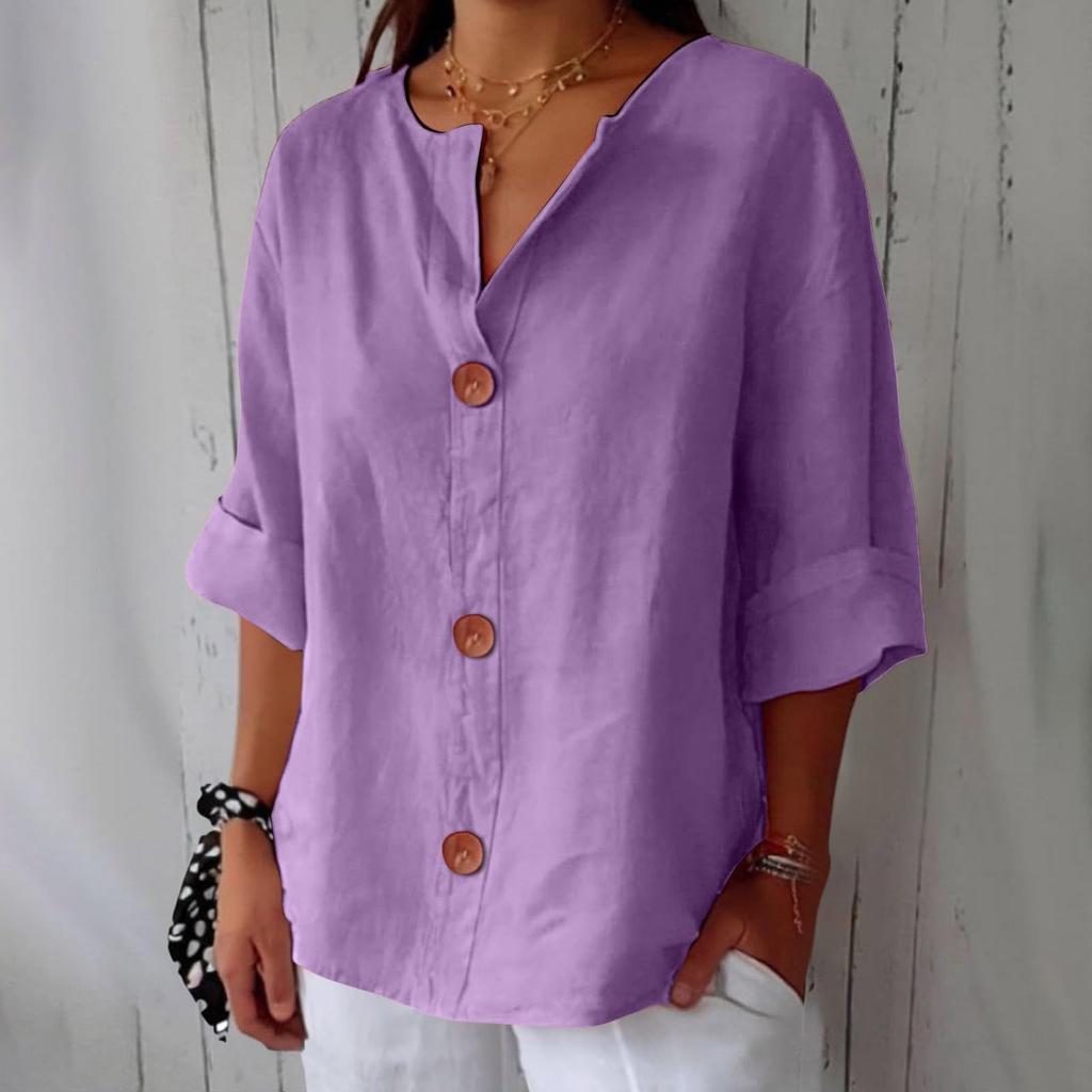 New Summer Women'S Loose Fit V-Neck Button Up Cotton Linen T-Shirt, Fashion Cross-Border Casual Blouse Top