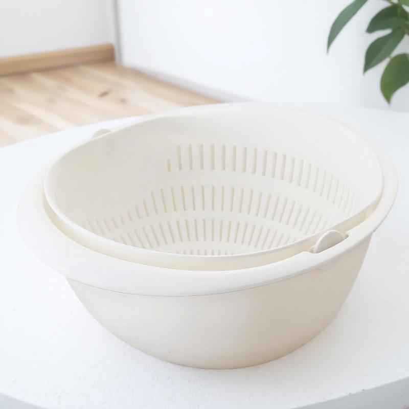 

Kitchen Double Basin Drainer Strainer with Bowl Fresh Fruit Vegetable Cleaning Basket Essential Tool білий