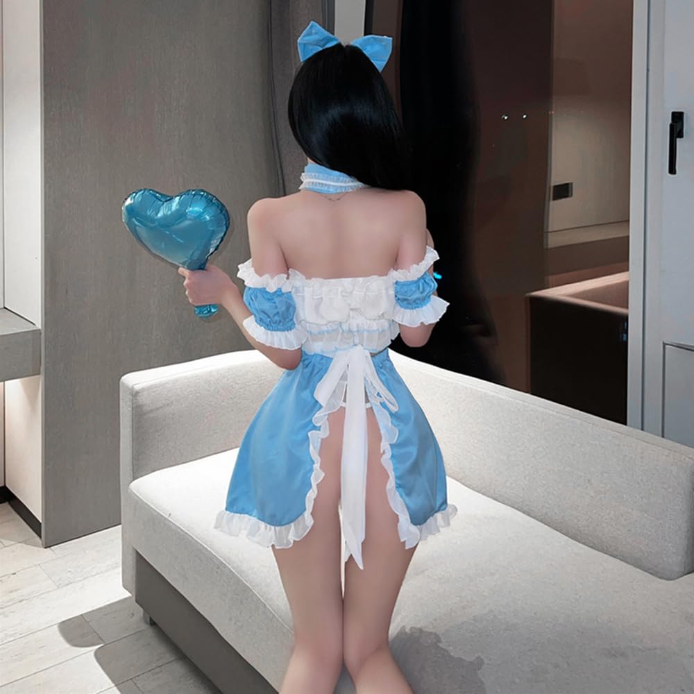 Maid Sexy Blue Mini Extreme 6 Piece Set [YAISHN] Costume, Cosplay, Lace, Frills, See-Through, Skirt, Cosplay, Halloween, T-Back, Exposure, Erotic,