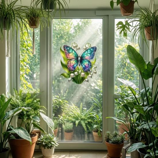 Flower Butterfly Design Window Sticker, Adhesion No Glue Waterproof Wall Decal for Living Room Bedroom Entrance Hall Home Decor
