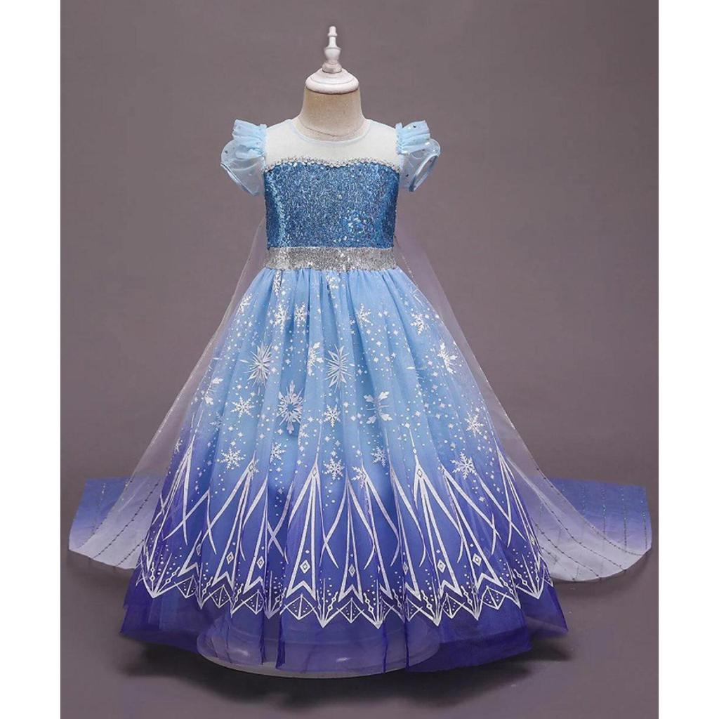 Frozen Elsa Dress Up Set with Wig Crown Wand Accessories Ice Blue White 120cm for Girls 4-5 Years