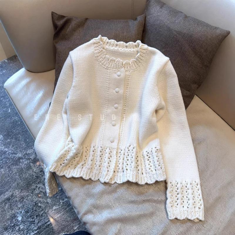 French Hollow Lace Round Neck Single-breasted Knitted Cardigan for Women in Autumn and Winter Gentle Style Loose Short Sweater Jacket