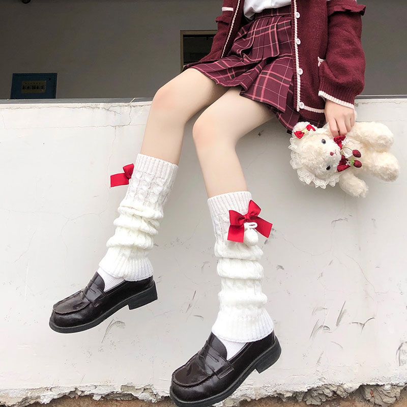 Ladies Autumn and Winter Style Warm Lovely Bow Knitted Hairball Calf Pile Stocking