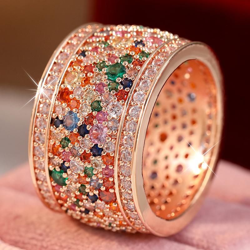Luxury Inlaid Multicolored CZ Women's Ring Shine Gold Color Geometry Daily Wear Party Jewelry Anniversary Gift