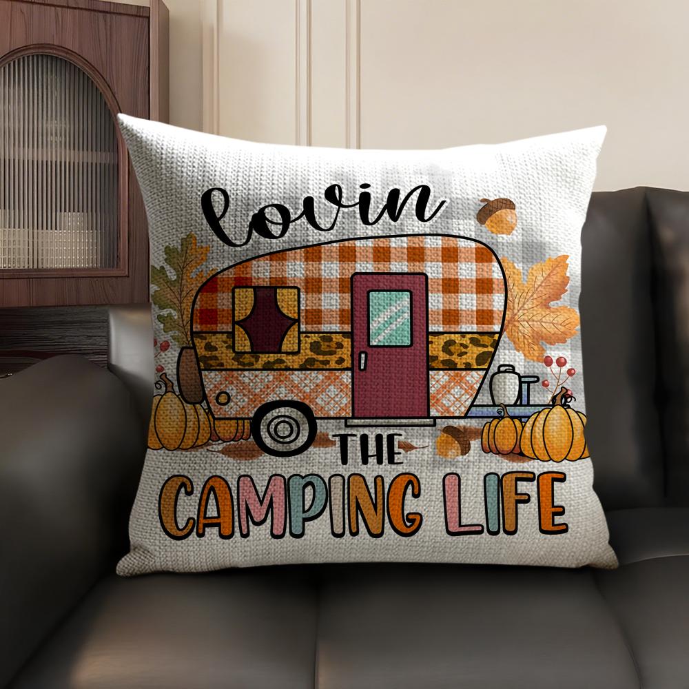 Happy Camping RV Camper Car Cushion Cover Natural Linen Organic Fabric DoubleSided Printing Sofa Home Decor Gift Pillow Case