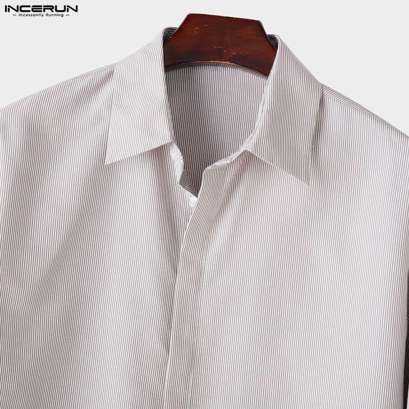 INCERUN Oversized Men Casual Loose Long Sleeve Striped Print Short Shirts Tops