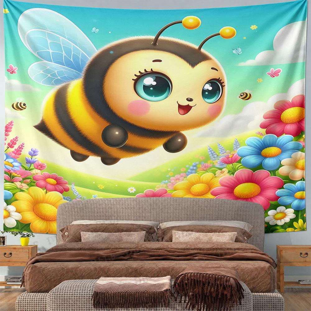 Cute Bumblebee with Colorful Flowers Pattern Wall Hanging Tapestry Decorative Tapestry Home Decor for Bedroom and Living Room