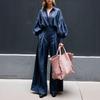 Autumn 2025 Solid Color Cotton Linen Two-Piece Set: Long Sleeve Shirt & Wide Leg Pants