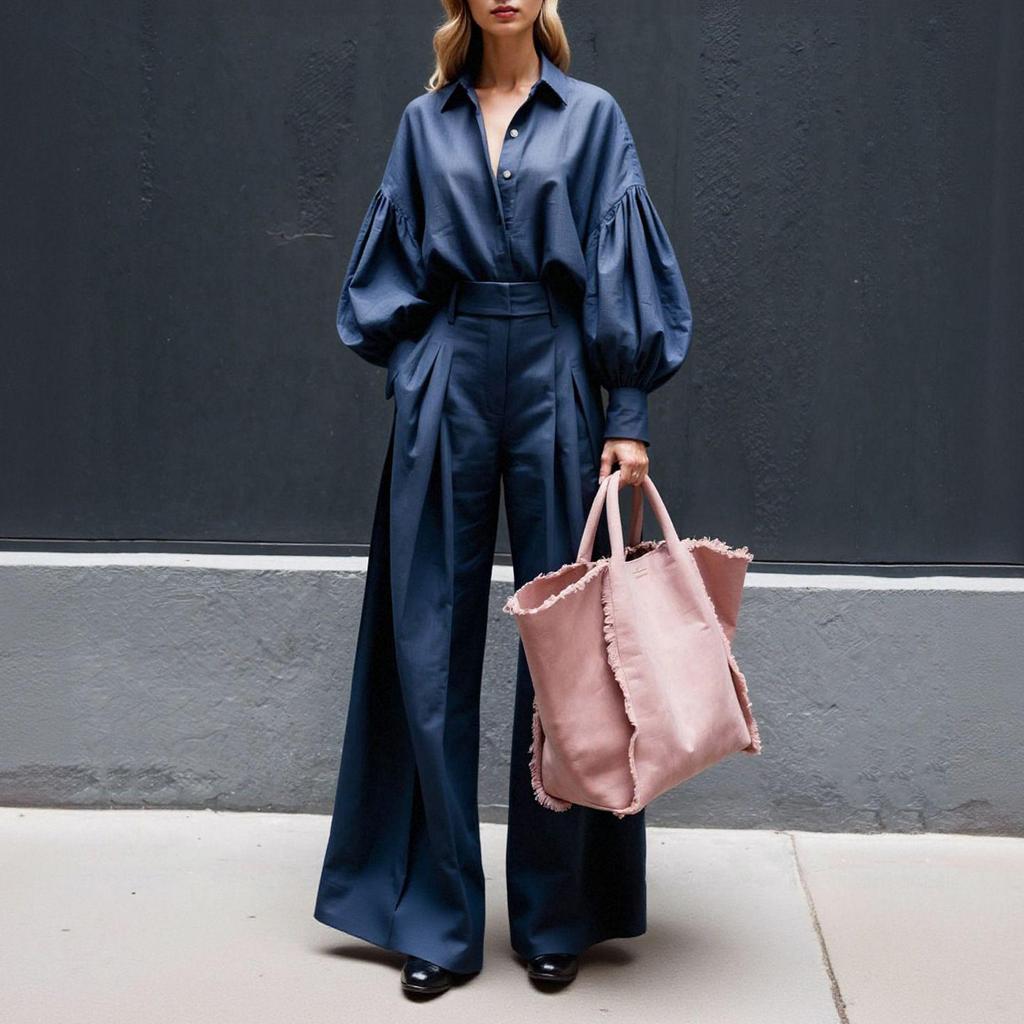 Autumn 2025 Solid Color Cotton Linen Two-Piece Set: Long Sleeve Shirt & Wide Leg Pants