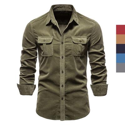 Men's Basic Cotton Thicken Shirt Long Sleeve Collared Button Down Pocket Breathable Corduroy Skirt  Slim Solid Soft Comfy Business Work Shirt for Male