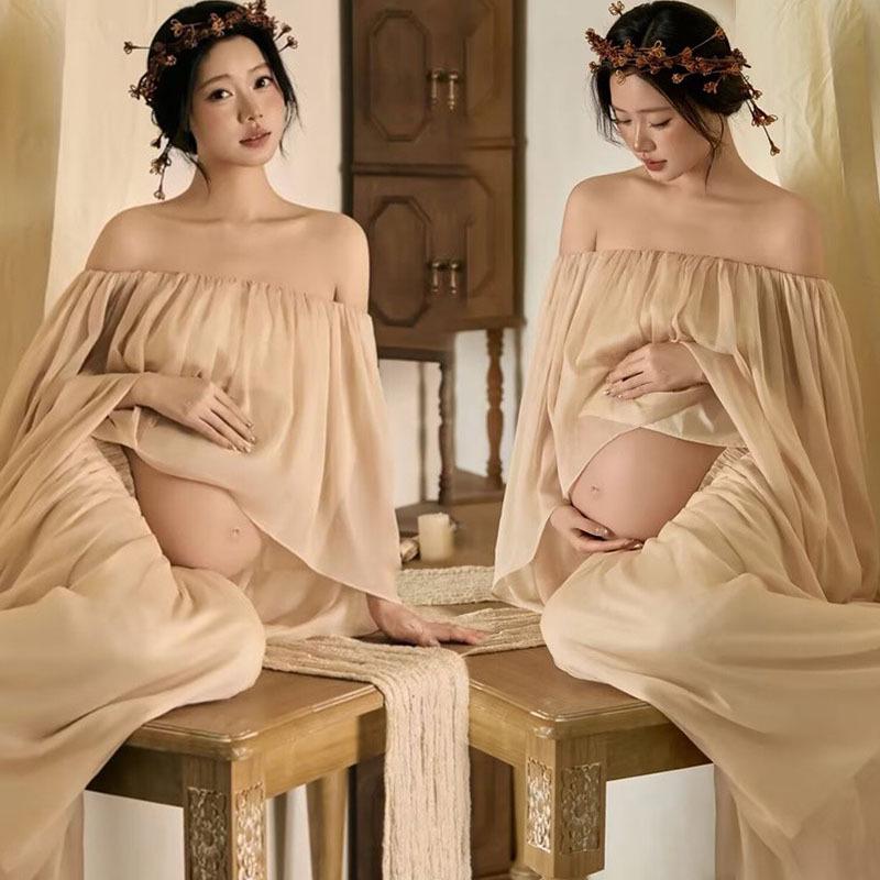 Vintage French Maternity Photoshoot Dress - Retro Oil Painting Style One Size