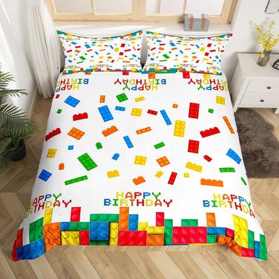 Happy Birthday Bedding Sets 3D Building Blocks Duvet Cover Single QueenColorful Construction Comforter Cover with 2 Pillowcase