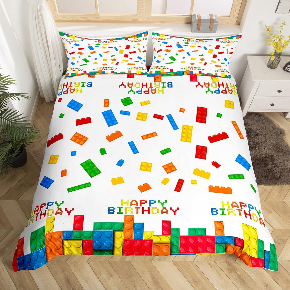 

Постільна білизна З днем ​​народження з 3D-блоками, підодіяльником Single Queen , барвистим будівельним матеріалом, з 2 наволочками US Twin(172x218cm)