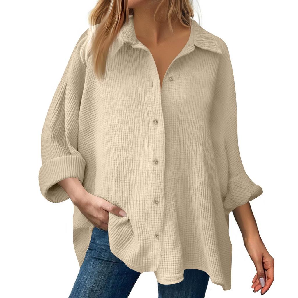 Damenmode Lässig Farbe Knopfleiste Langarm Hemd Top