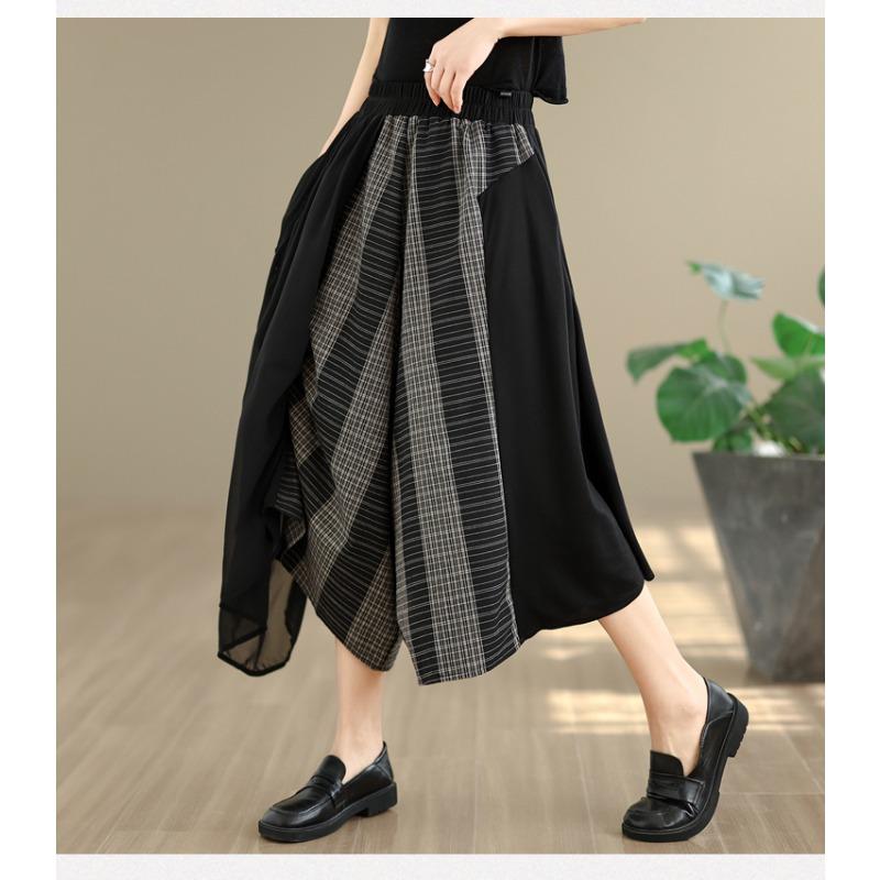 DIMANAF 2026 Estate Spiaggia Taglie Forti Pantaloni Lunghi Donna Vita Elastica Larghi Vintage Casual Pantaloni Pantaloni Fondo Quadri Nero