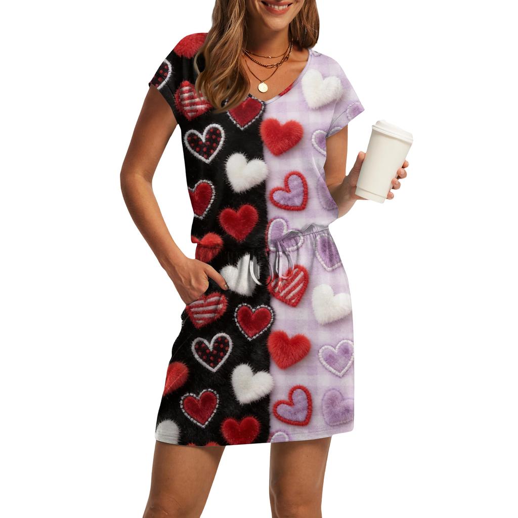 Women's V,Neck Short,Sleeve Drawstring Pocket Valentine's Day Print Casual Dress
