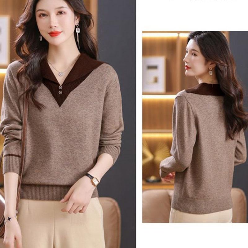 Women Autumn Winter Turn-Down Collar Pullover Color Block Button Long Sleeve Sweater Knitted Tops Female Bottoming Shirt