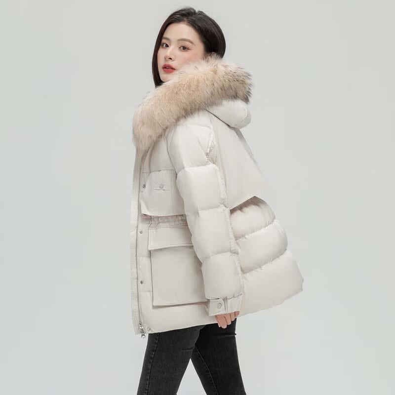 XueZhongFei Damen Kurze Daunenjacke mit Fuchsfellkragen