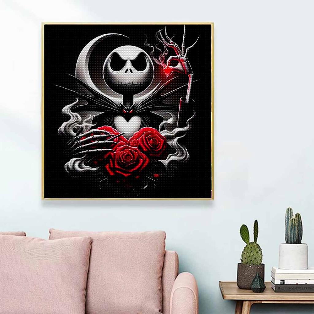 5D DIY Diamond Painting Decorative Skeleton Holding Flowers Looks Back Full Round Drill Scenery Diamond Embroidery Cross Stitch Kits Home Decor Gift