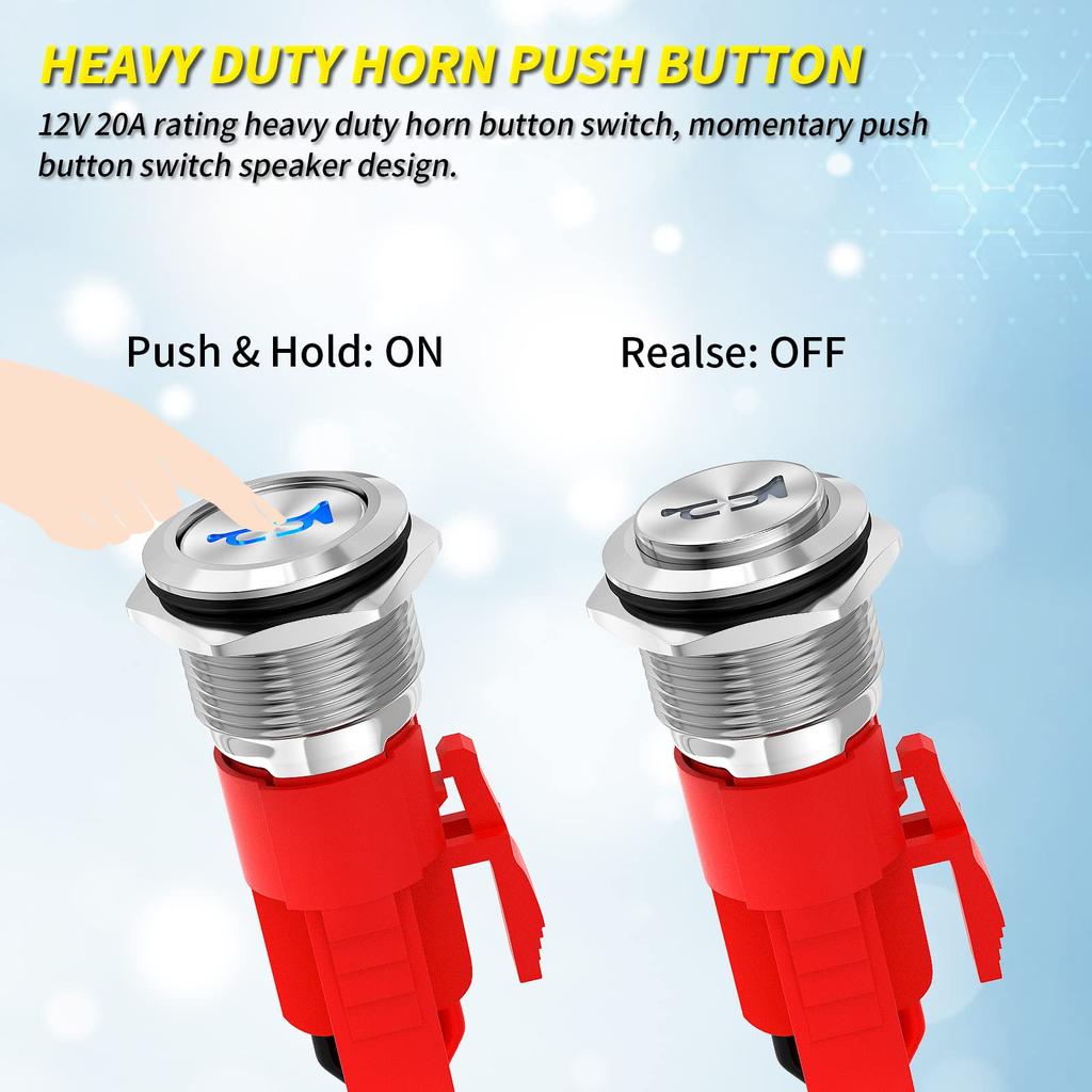 Joinfworld Horn Button 20A Heavy Duty 16mm Metal Horn Switch Speaker Blue LED