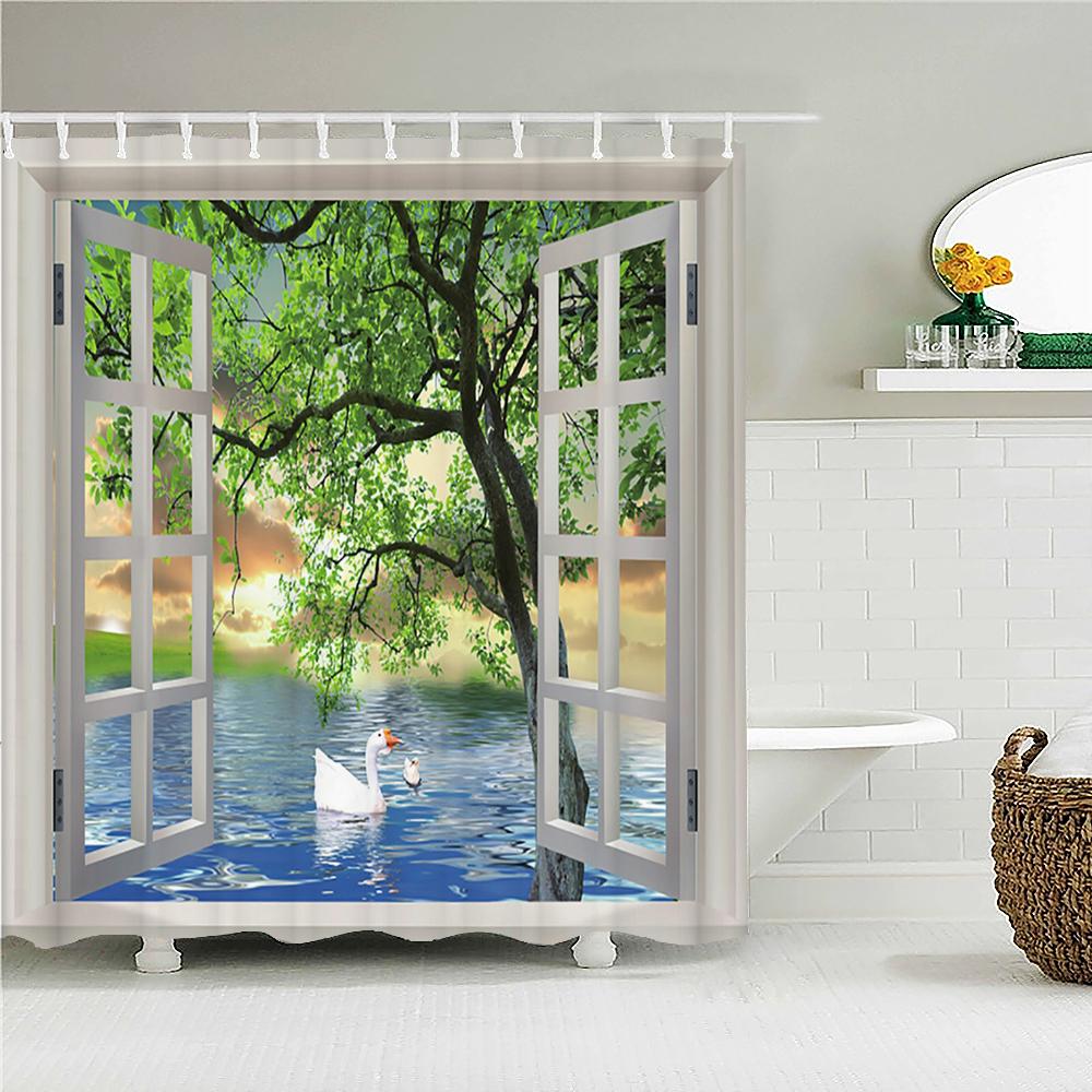 All Kinds Of 3D Scenery Windows Shower Curtains Home Decoration Curtains With Hooks Can Be Washed Waterproof Fabric 240X180Cm