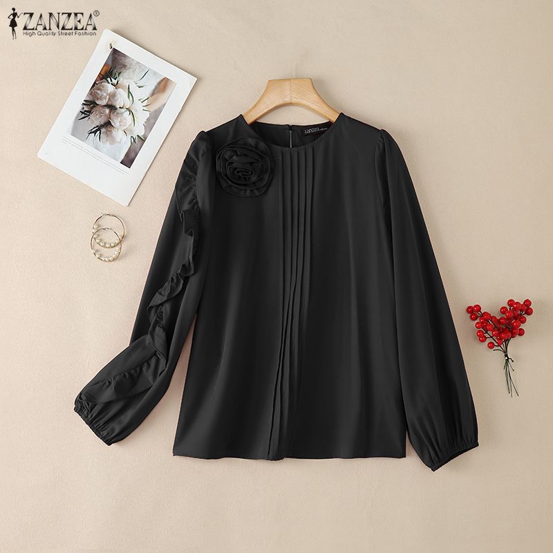 ZANZEA Women 3D Floral Splice Casual Round Neck Long Sleeve Blouse