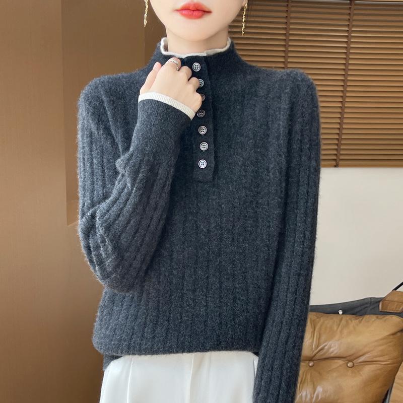2025 Korean Style Double Stand Collar Wool Sweater - 100% Pure Wool Thickened Knitwear