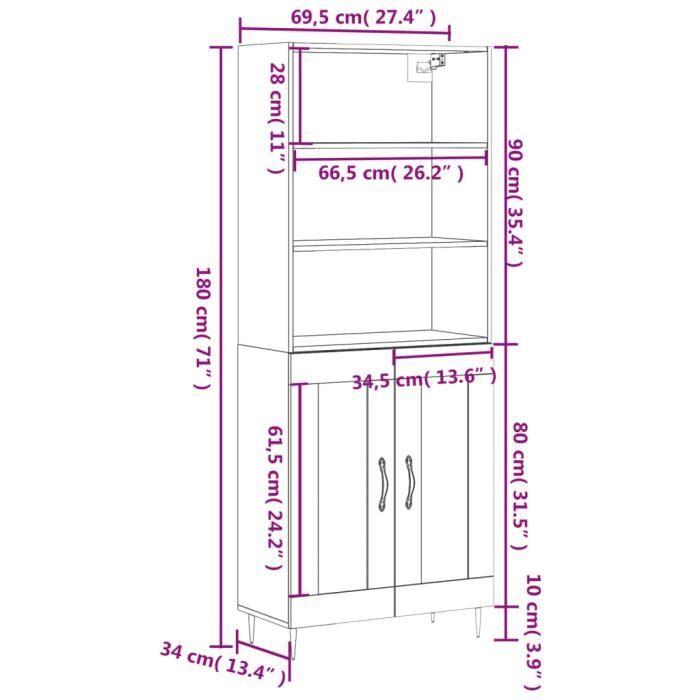 VidaXL Buffet haut Blanc 69,5x34x180 cm Bois d'ingénierie 3189933