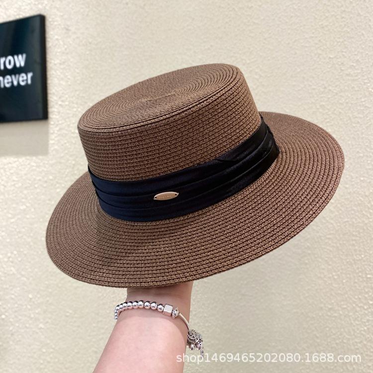 

Hat Women s Spring and Summer British Retro Flat Top Shade Straw Hat Women s Seaside Holiday Beach Hat Fashion Sunscreen Hat M（56-58cm） кавовий