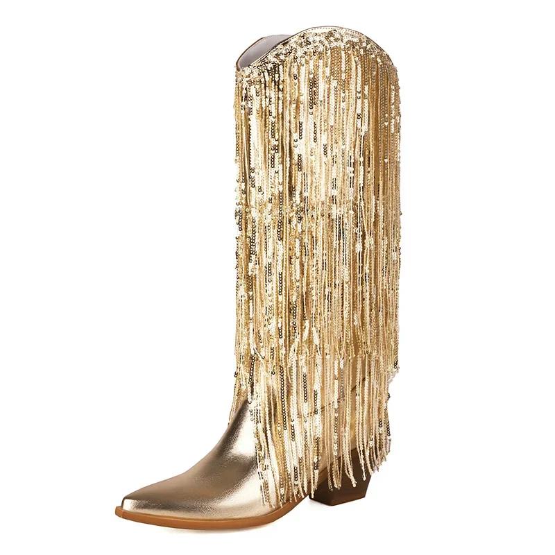 Glitter Gold Knee High Boots Women Block Heels Metallic Blue Rosy Bling Fringe Party Show Lady Western Cowgirl Sequin Long Boots