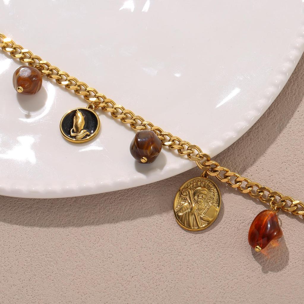 Embossed Saint Icon Pendant with Prayer Charm & Resin Beads On Cuban Chain - Aged Stainless Steel Retro Accessory