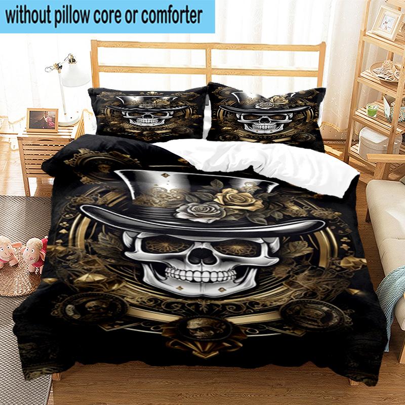 Skulls And Roses Artwork 3pcs Bedding,Including 1pc Duvet Cover And 2pcs Pillowcases Perfect for Christmas,Ideal for Bedroom, Dormitory