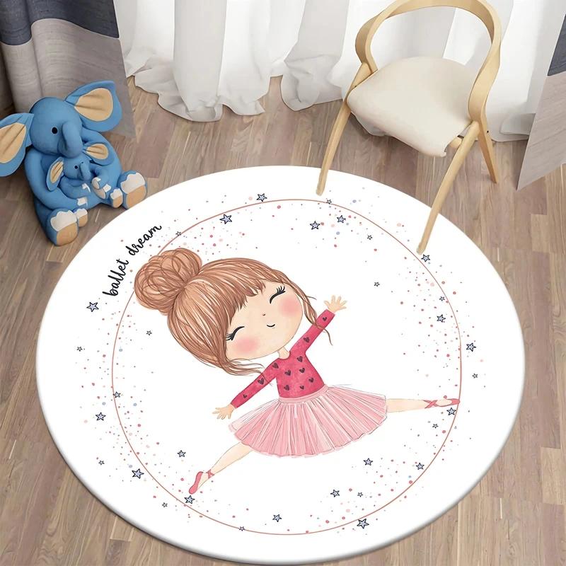 Cartoon Ballet Girl Round Carpet Moon Princess Print Rug For Children's Room Sofa Living Room Balcony Corridor Decor Floor Mat