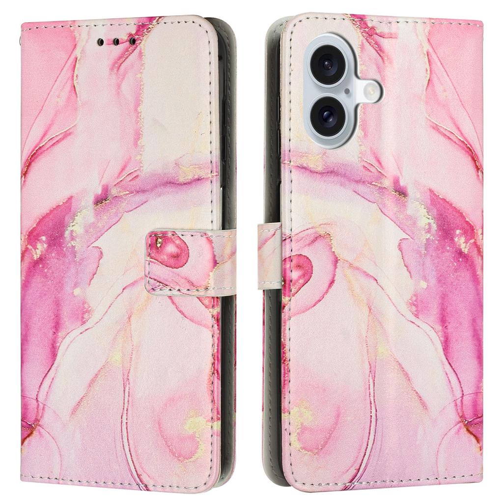 For iPhone 16 Stand Case Marble Pattern PU Leather Wallet Phone Cover with Wrist Strap