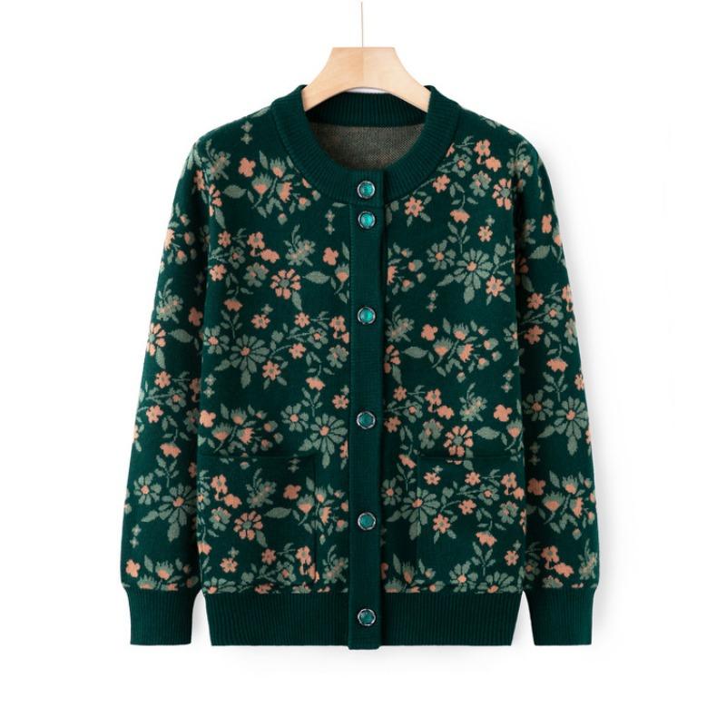 Mom's autumn knitted sweater cardigan jacket middle old man sweater crew neck top grandma autumn new