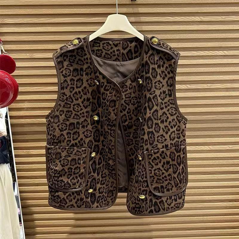 

Женская двубортная куртка-жилет с леопардовым принтом - модная верхняя одежда осень/зима 2024 3XL