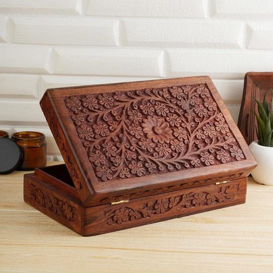 Christmas Gifts Sale Hand Carved Wooden Decorative Floral Carvings Trinket Jewellery Box Storage