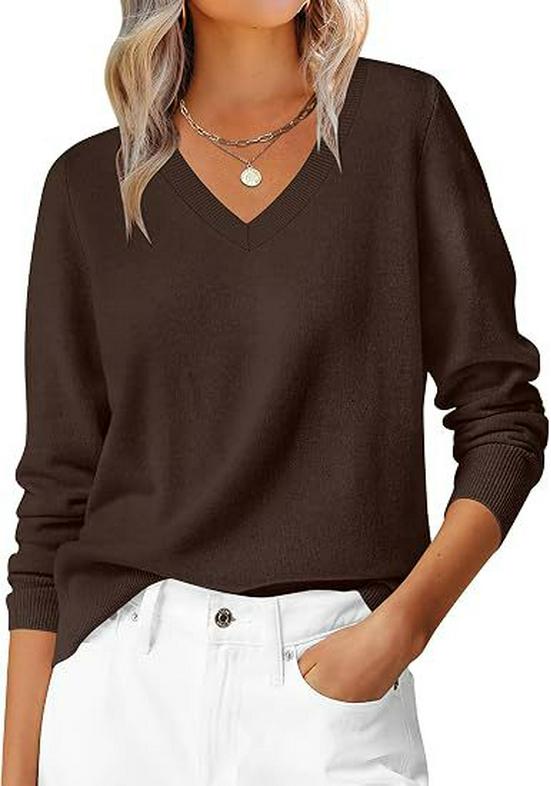 2026 European & American Autumn V-neck Loose Long Sleeve Solid Knit Women's Sweater - Commuting & Versatile